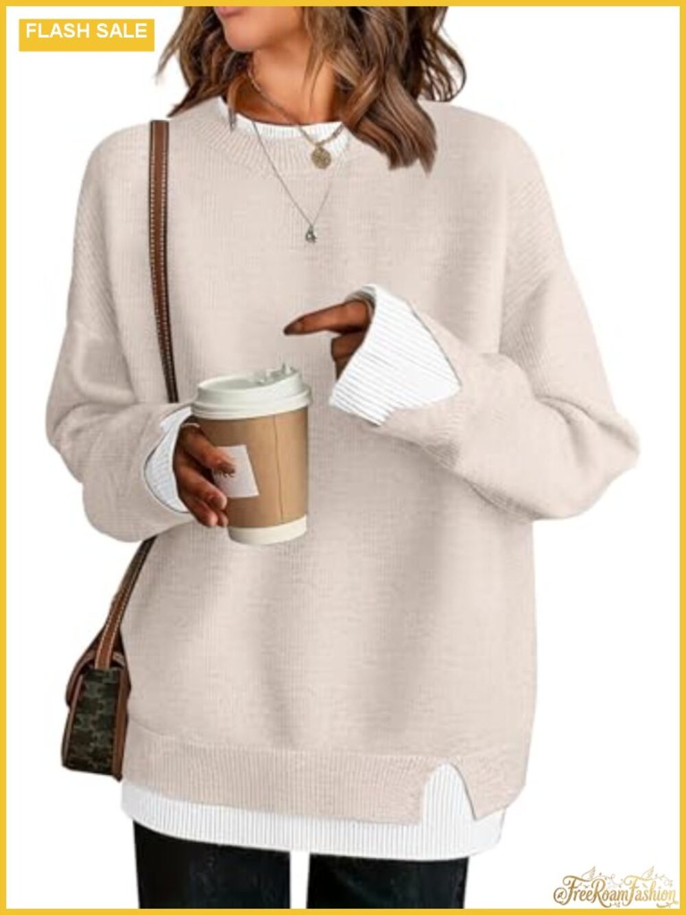 Womens Oversized Patchwork Sweater Crew Neck Long Sleeve Pullover